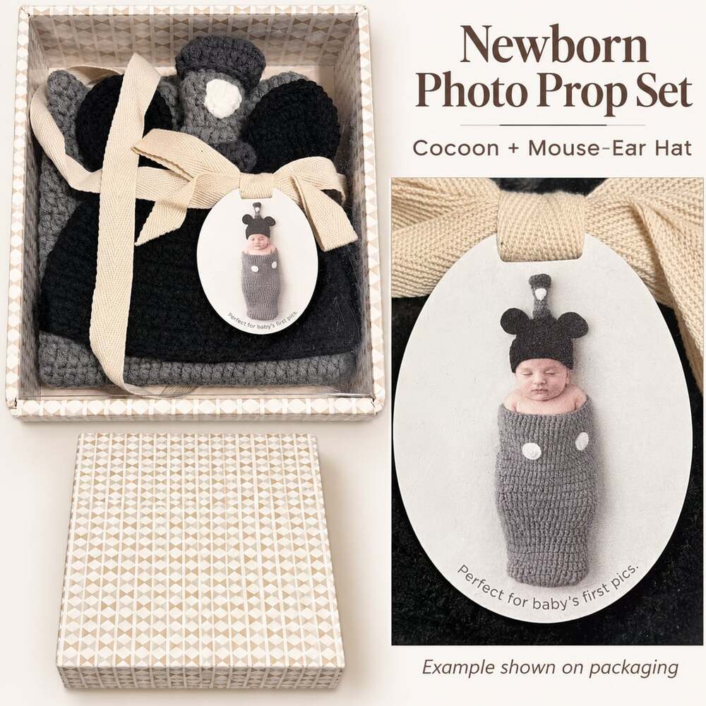 Newborn Crochet Photo Prop Set Gray Cocoon & Black Mouse Ear Hat Gift Box